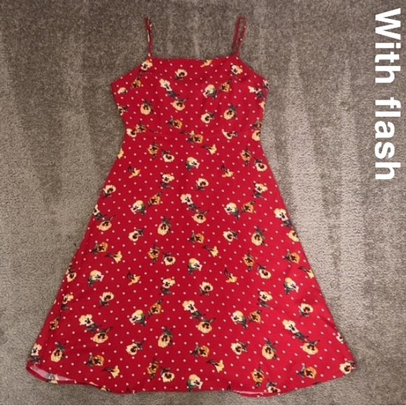 Forever 21 red w/ yellow floral & white dots details midi summer dress, medium - Picture 2 of 15